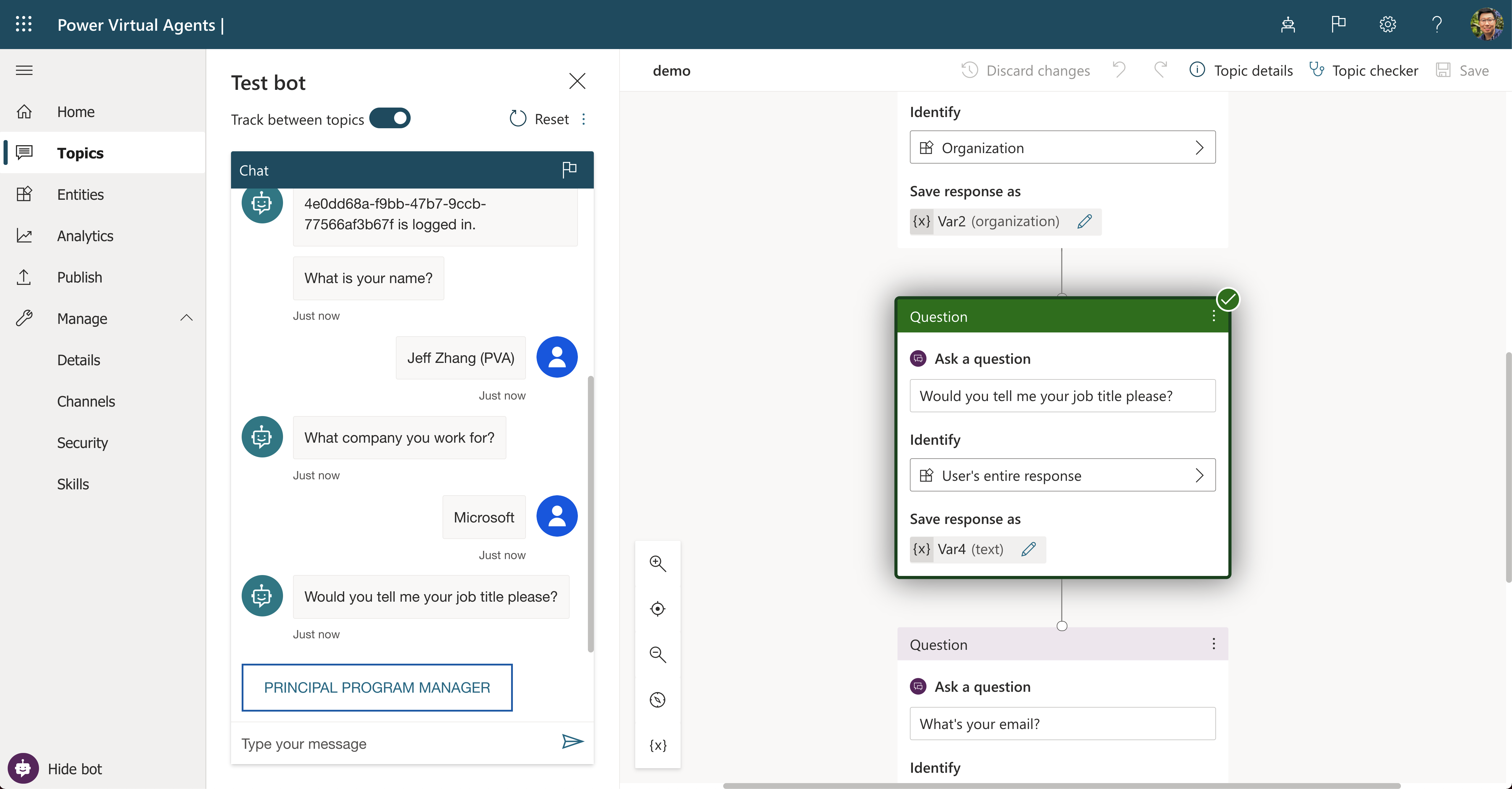 Through the course of conversations with a user, the bot will reuse information from Microsoft Graph and Microsoft Azure Active Directory, leveraging it to enhance and personalize future conversations.