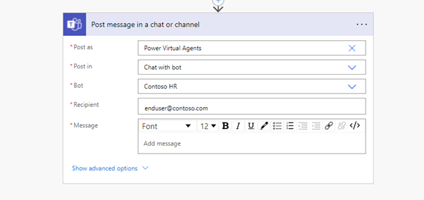 Screenshot of posting message as a bot through Power Automate
