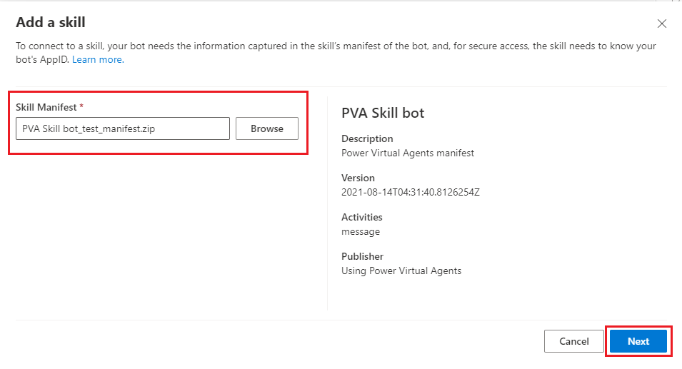 Add a Power Virtual Agents bot as a skill in Composer