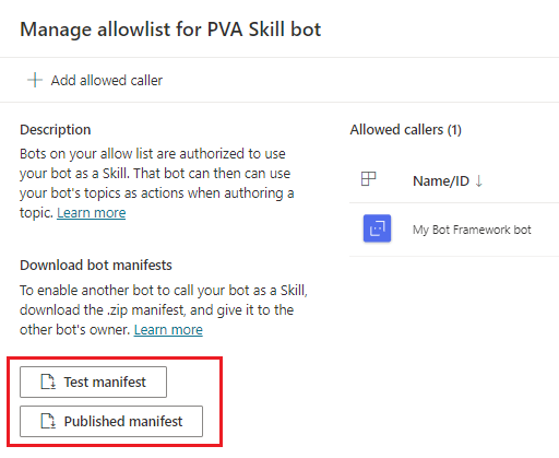 Download Power Virtual Agents Test and Published bot skill manifests