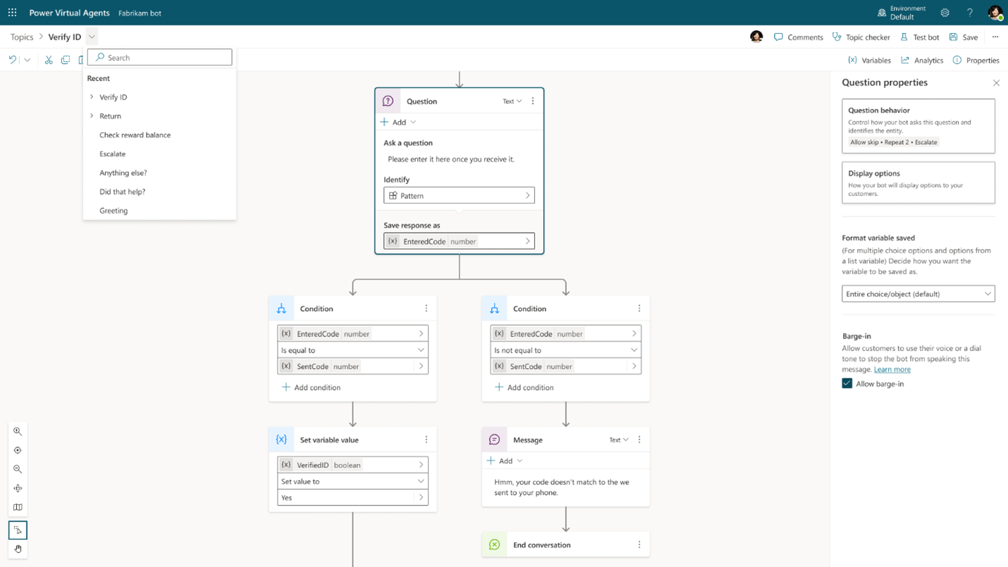 The new Power Virtual Agents user interface showcasing that it has been rebuilt from the ground up. It shows an example conversational topic design with branching based on the condition of the question.