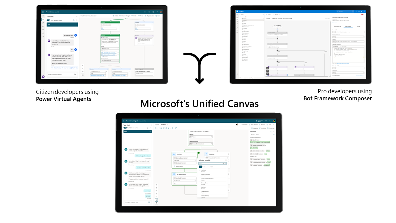 Two graphical user interfaces of Power Virtual Agents low code canvas joining with the Bot Framework Composer's pro code canvas joining into one Microsoft bot building studio called Power Virtual Agents.