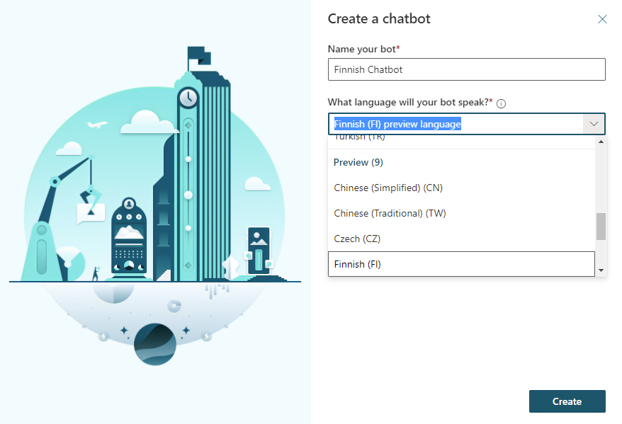 Screenshot of chatbot creation popup showing Finnish selected in the bot language dropdown.