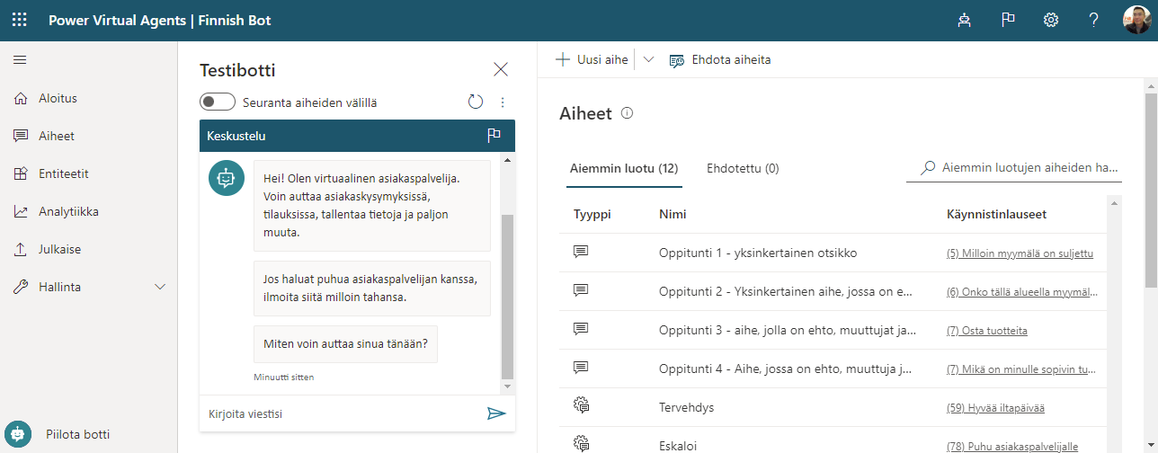A screenshot of Power Virtual Agents maker user interface in Finnish