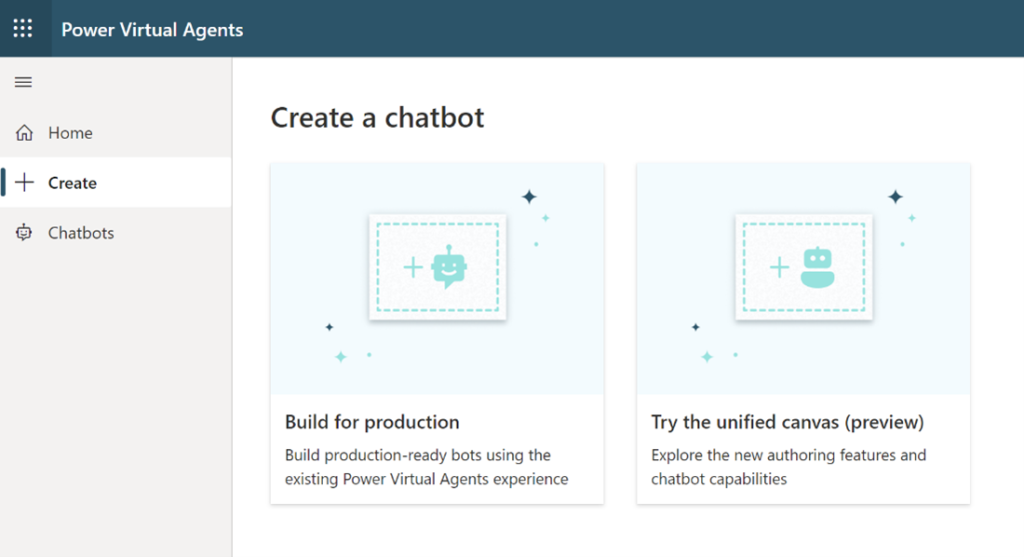 Screenshot of two options to build bots. On the left, build for production. On the right, try the new unified canvas (preview)
