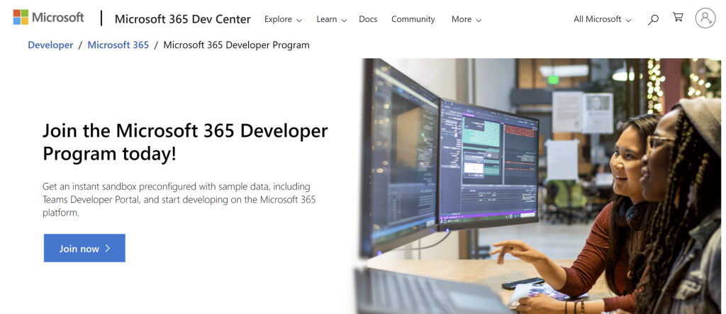 Website of the Microsoft 365 Developer Program