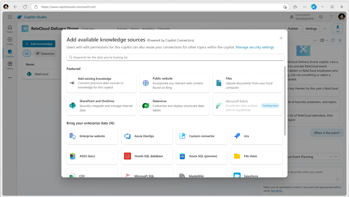Screenshot of the available knowledge sources in Microsoft Copilot Studio